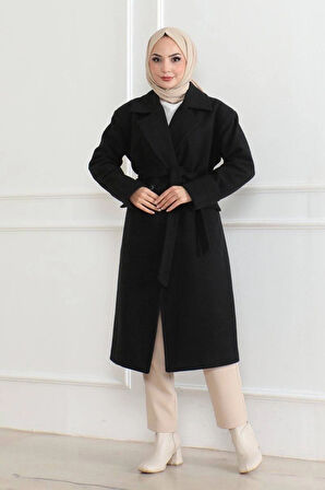 Kadın Kaşe Kaban – Uzun Boy Kruvaze Yaka, Kuşaklı Tesettür Kışlık Kaban, Astarlı Şık Yünlü Dokuma Oversize Rahat Kalıp, Cepli Modern Kaşe Mont Modeli - Siyah