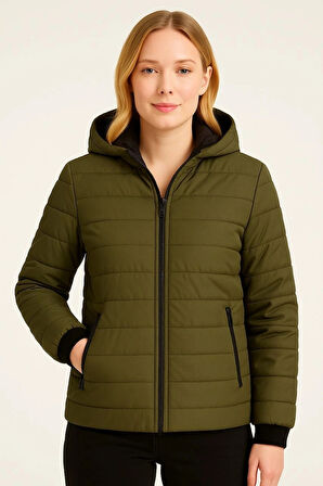 Kadın Şişme Kapüşonlu Fermuarlı Mont Su itici Kapitone Astarlı Kumaş Cepli Kışlık Rahat Kalıp - Haki