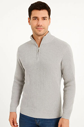 Erkek Yarım Fermuarlı Triko Kazak – Selanik Örgü, Dik Yaka, Pamuklu Dokuma, Regular Fit Uzun Kollu Kışlık Model - Gri