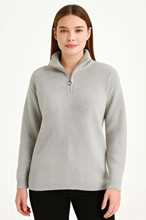 KADIN Yarım Fermuarlı Triko Kazak – Selanik Örgü, Dik Yaka, Pamuklu Dokuma, Regular Fit Uzun Kollu Kışlık Model - Gri