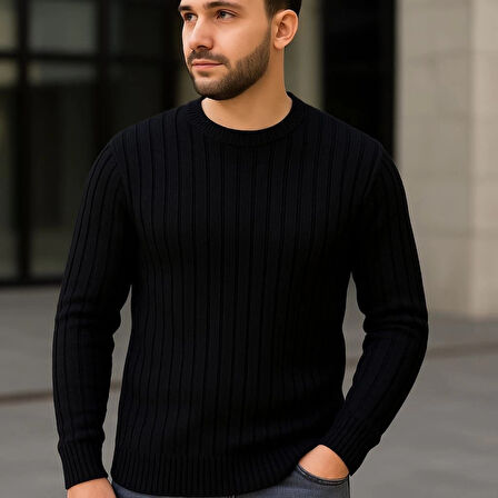 Erkek Fitilli Triko Kazak 3'lü Set Bej Gri Siyah Regular Fit Bisiklet Yaka Triko Seti Kazak Modeli