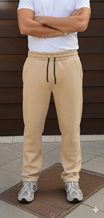 Erkek Üç iplik Kışlık Pamuklu Ovarsize Bağcıklı Düz Paça Cepli Eşofman Altı Spor Rahat Model - Bej
