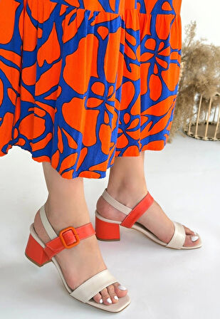 Year Bej Cilt Turuncu Detaylı Turuncu Topuklu Topuklu Ayakkabı