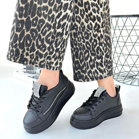 Leope Siyah Cilt Bağcıklı Spor Ayakkabı