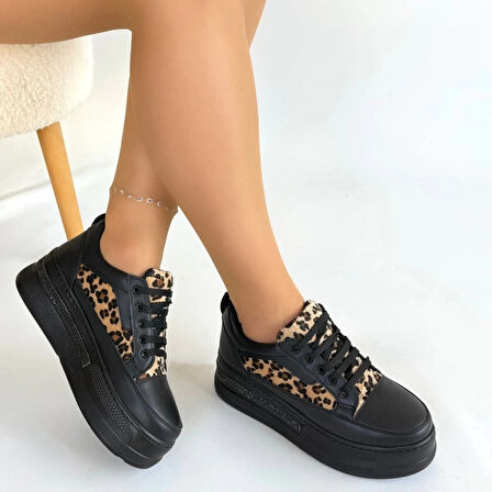 Lorrin Siyah Cilt Leopar Detaylı Bağcıklı Spor Ayakkabı