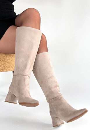 Roksa Bej Süet Topuklu Çizme