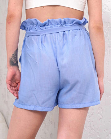 Kuşaklı keten şort mavi s255265