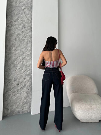 Palazzo süper taş enzim tint yıkama koyu lacivert jeans pantolon d2008