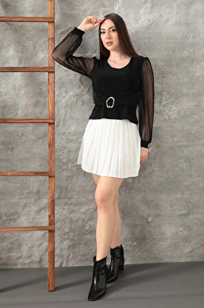 Tokalı tül kollu bluz siyah t4071