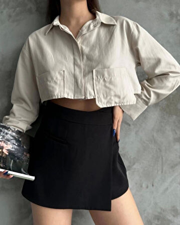 Poplin crop gömlek bej s3060