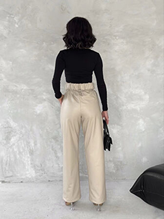 Kendinden ince kemerli deri pantolon bej t1178