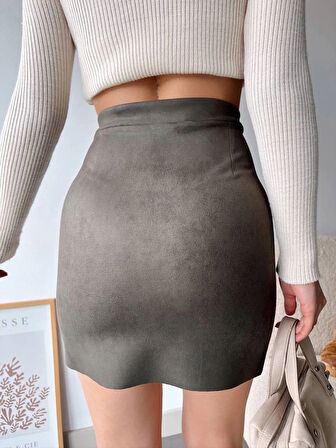 Çift yurtmaçlı süet etek haki s241002