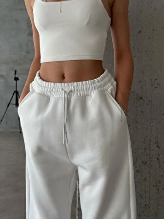 3 iplik şardonlu Lastik paça eşofman beyaz p510439