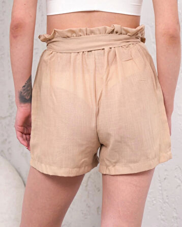 Kuşaklı keten şort bej s255265