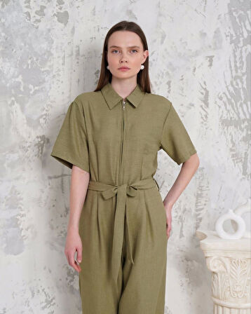 Kuşaklı gömlek yaka salaş tulum haki s255822