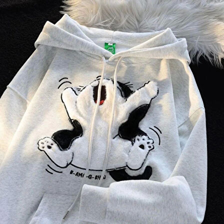 3 iplik şardonlu oversize compact peluş baskılı sweat beyaz