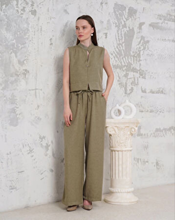 Broşlu yelek pantolon takım haki s255821