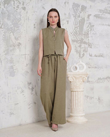 Broşlu yelek pantolon takım haki s255821