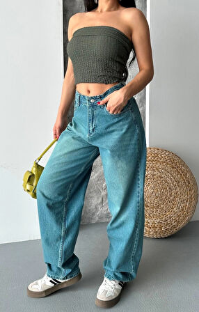 Baggy taş enzim bıyık yıkama jeans pantolon yeşil tint d2007