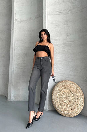 Mom fit enzim taş yıkama jeans pantolon füme d2006