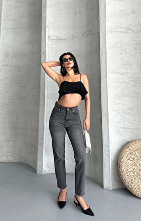 Mom fit enzim taş yıkama jeans pantolon füme d2006