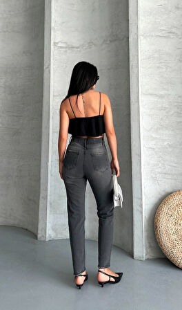 Mom fit enzim taş yıkama jeans pantolon füme d2006