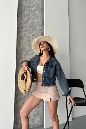 Çift cepli kol katlamalı kar yıkama crop kot ceket kahve tint d2000