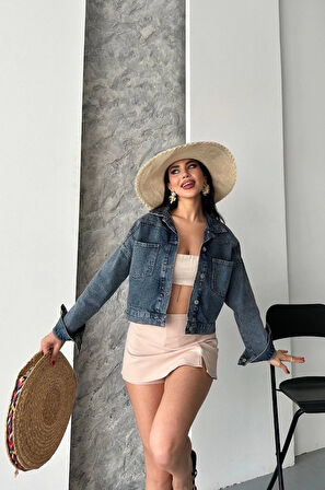 Çift cepli kol katlamalı kar yıkama crop kot ceket kahve tint d2000