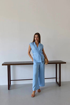 Keten yelek pantolon takım mavi pt