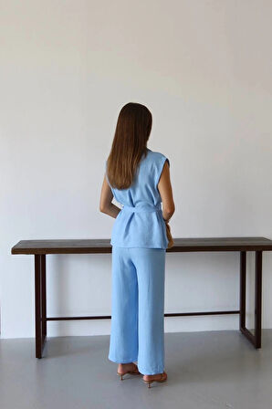 Keten yelek pantolon takım mavi pt