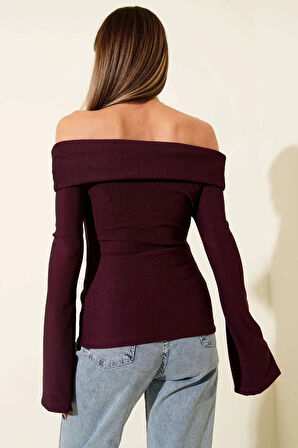 Omzu Açık Fermuarlı Bluz Mürdüm T4330