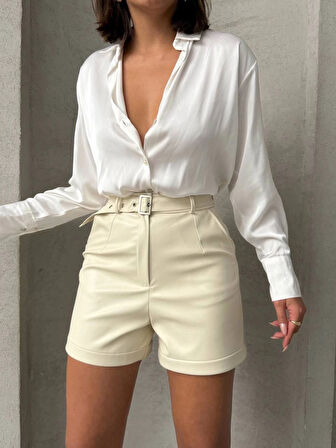 Kemerli deri şort krem h241003