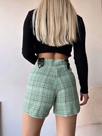Çıtçıtlı siyah köprü tüvit şort yeşil