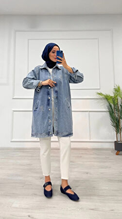 Taşlı tunik ceket kar yıkama orta mavi d2516