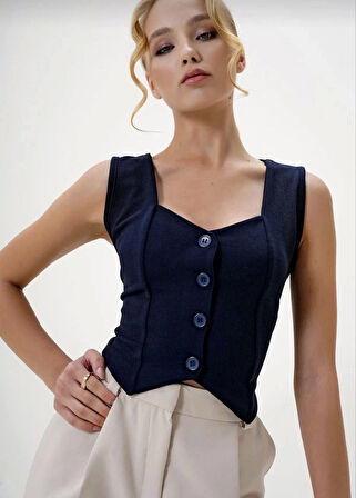 Krep kumaş düğmeli yelek lacivert s3395