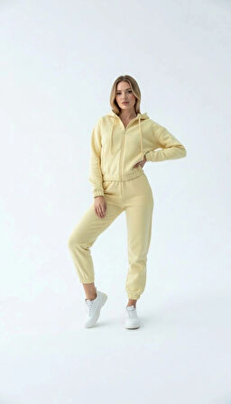 3 iplik şardonlu Kapşonlu fermuarlı kısa üst sarı pat8590