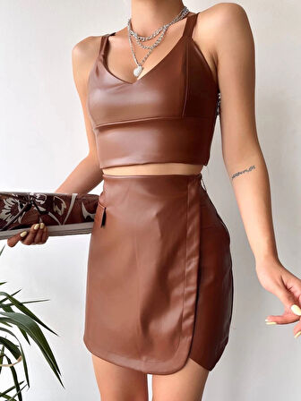 Cep detaylı oval kapaklı deri etek kahve h240048