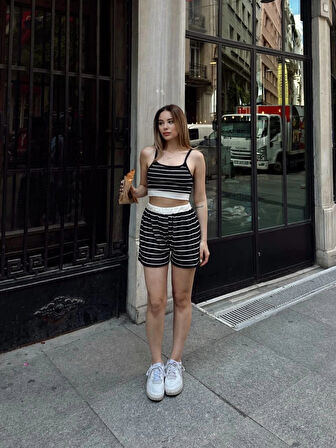 Çizgili şortlu takım siyah s3978