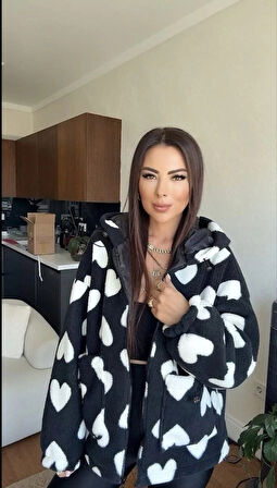 Kalpli peluş ceket içi astarlı siyahbeyaz