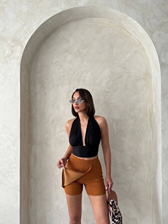 Kapaklı şort etek camel s208