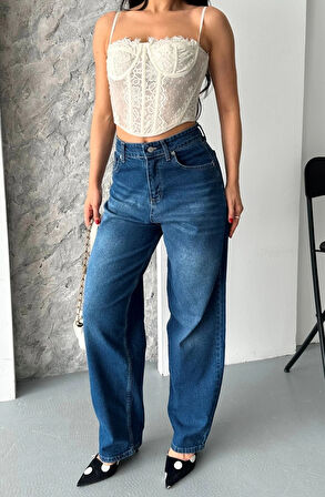 Baggy süper taş bıyık yıkama koyu mavi jeans pantolon d2007