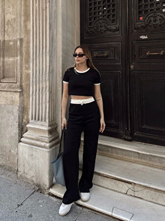 Crop pantolon biyeli takım siyah