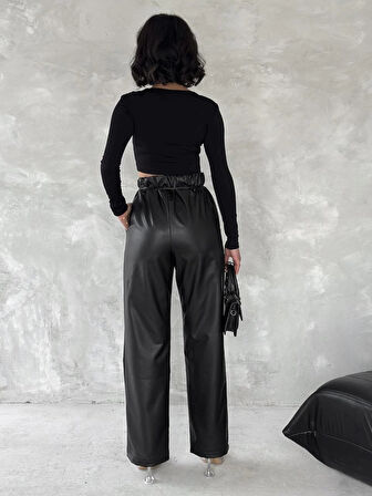 Kendinden ince kemerli deri pantolon siyah t1178