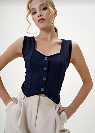 Krep kumaş düğmeli yelek lacivert s3395