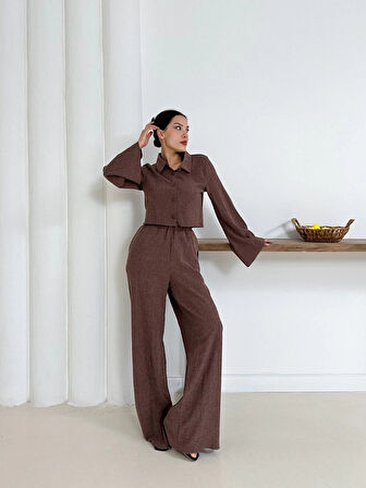 Gömlek yaka kaplama düğmeli takım kahve st265866