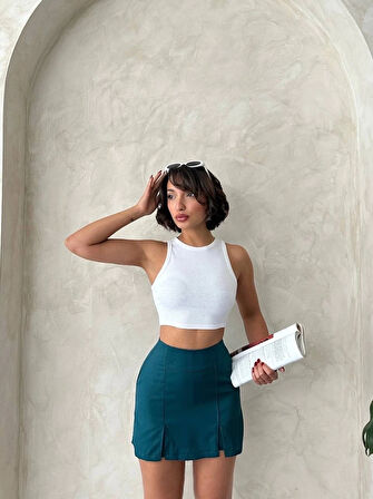 Çift yırtmaçlı atlas şort etek petrol yeşili s240364