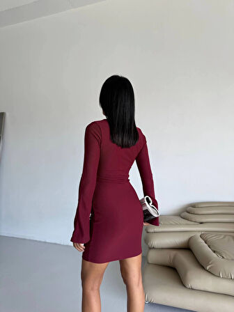 Prenses kol esnek kumaş elbise bordo f2334