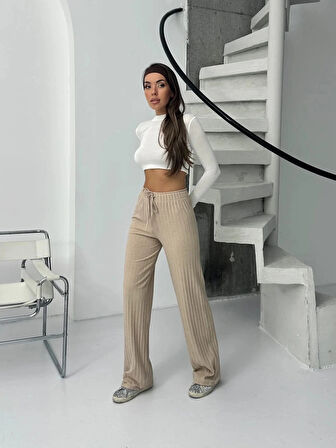 Fitilli şardonlu pantolon bej a4058