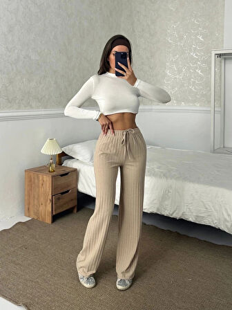 Fitilli şardonlu pantolon bej a4058