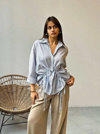 Önü büzgü detaylı çizgili gömlek